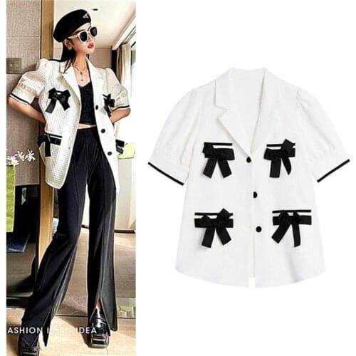 High Street Womens Ladies Blazer Spring Summer Fashion Short Sleeve Bows Blazers Blousa Elegant Suits Woman Coats Tops SY200