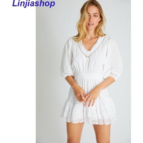 Inspired white cotton embroidery dress women V-neck cinched waist mini lace sexy party dress elegant ladies femme vestidos