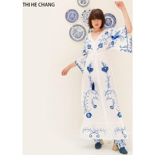 Women dress new autumn vestidos vintage embroidery bohemian runway sexy beach party v-neck loose tassel maxi summer dress