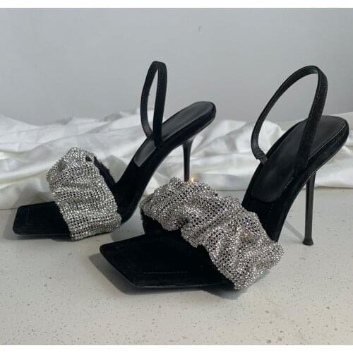 2021 Spring Summer Sandals Crystal Women Sandals Square Toe Sandals Woman Back Strap High Heels Hot Shoes Woman Genuine Leather