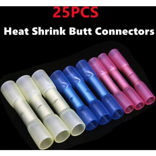 25Pcs Heat Shrinkable Butt Crimp Seal Sleeve Splices Wire Connectors Waterproof Insulated Electrical Cable Crimping Terminal Kit