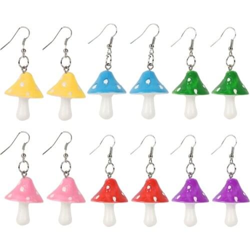 5/6 Pairs Resin Mushroom Earrings Fresh Handmade Plastic Simulation Mushroom Drop Earrings Kit for Women Girl Jewelry