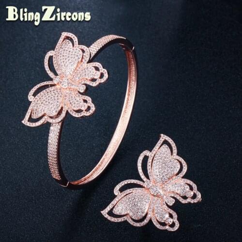 BeaQueen Rose Gold Color Cubic Zirconia Open Bangles Rings Large Butterfly Shape Bridal Wedding Jewelry Sets for Women JS153