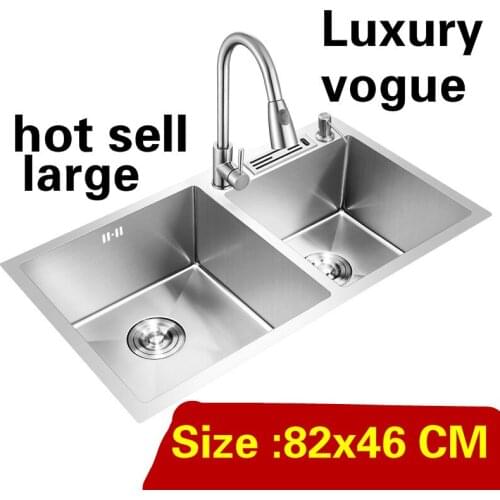 Free shipping Household big kitchen manual sink double groove luxury stretch faucet 304 stainless steel hot sell 82x46 CM