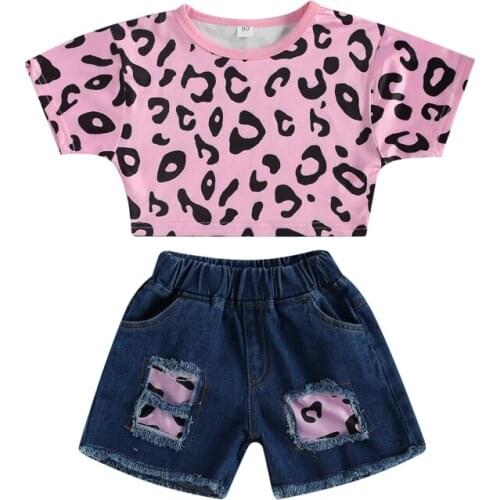 Summer Girls Two Pieces Set Leopard Print Crop Tops Short Sleeve Shirt Elastic Waist Shorts for Children Two Piece Suit