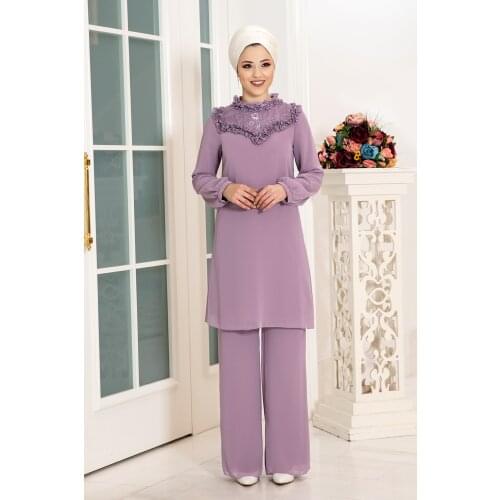 Summer 2021 2 piece Set muslim women turkey Lace Abaya blouse wide leg pants Kaftan Eid suit Islamic clothing djellaba