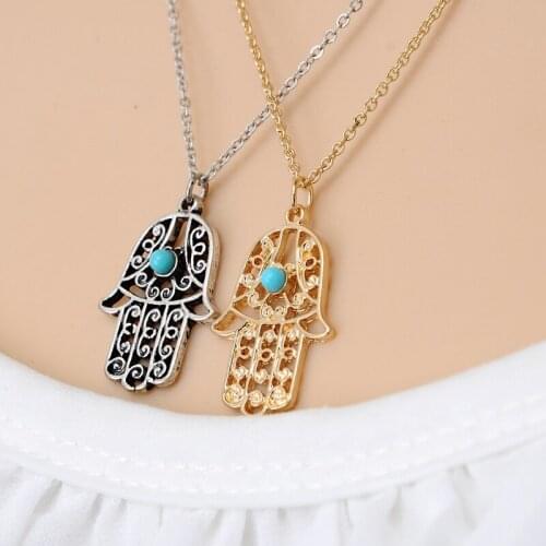Hot Sale Women Lucky Necklaces Gold color Hamsa Hand of Fatima Bergamot Pendants Collares Fashion Colar Feminino