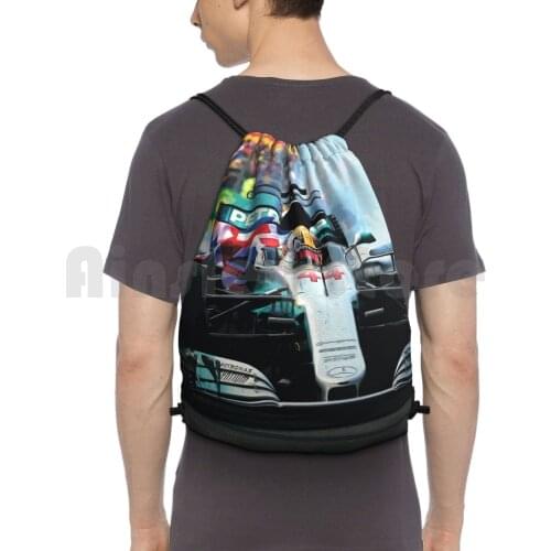 Lewis Celebrating His 2017 World Backpack Drawstring Bag Riding Climbing Gym Bag Racecar Racing Racecars Sports Fia