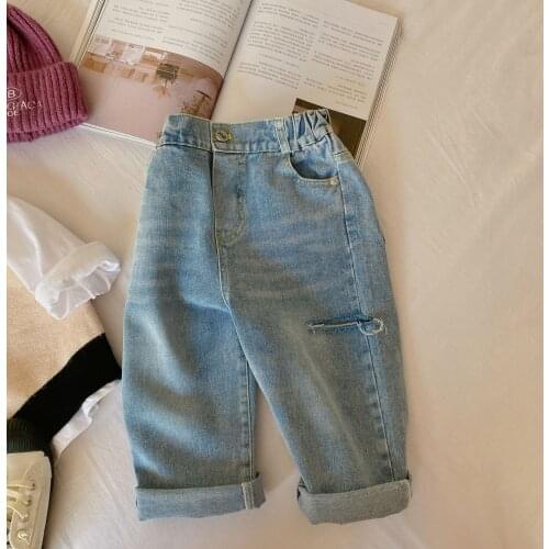 Korean Style Fashion Kids Casual Ripped Jeans Pants Children 3~8y Boys Broken Loose Toddler Denim Trousers for Spring Autumn
