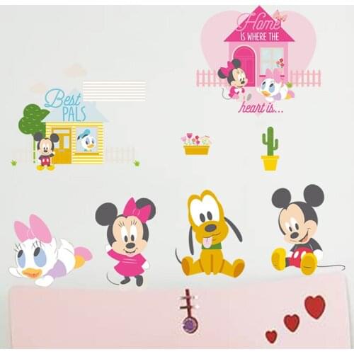 Cartoon Disney Mickey Minnie Mouse Pink House Wall Stickers For Kids Room Home Decor Girls Room Wall PVC Mural Art DIY Wallpaper