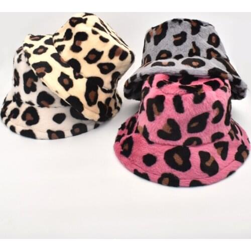 New Winter Warm Panama Faux Fur Luxury Bucket Hat For Women Leopard Print Outdoor Fisherman Hat Girls Basin Cap M138