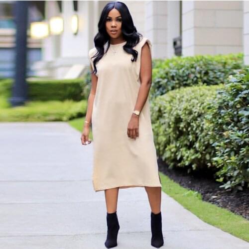 New Padded Shoulder Solid Color Loose Calf Length Dress Womens Clothing O Neck Sleeveless Split Dresses Lady Straight Vestidos