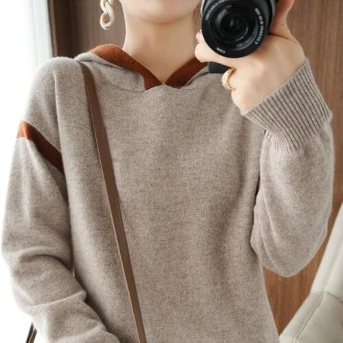 Autumn Winter New100% Wool Cashmere Sweater Womens Hooded Collar Pullover Ladies Fashion Loose Large Size Warm Knitted Sweater