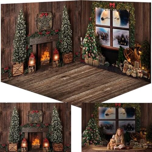 Christmas Wood House Backdrop Christmas tree Snow scene Background Banner Street light Night Stars Boken Background Photography