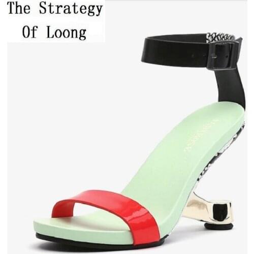 Summer New European America Style Concise Metal Strange Heels Peep Toe Cut Out Genuine Leather Women Fashion Gladiator Sandals