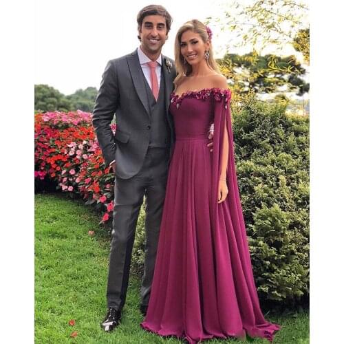 Chiffon Evening Dresses Off the Shoulder appliques Flower Party Formal Bridal Gowns With Belt vestidos de fiesta de noche