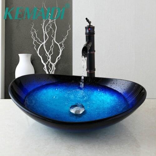 KEMAIDI US Comporary Bathroom Basin Tempered Glass Mixer ORB Faucet Waterfall Wash Basin With Pop Up Drain Set
