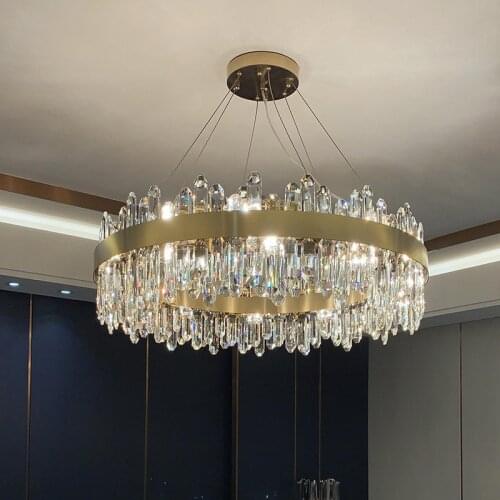Modern Foyer Round Gold Steel Led Pendant Light Luxury K9 Crystal Dimmable Pendant Lamp Cable Hanging Lamp Fixtures Suspend Lamp
