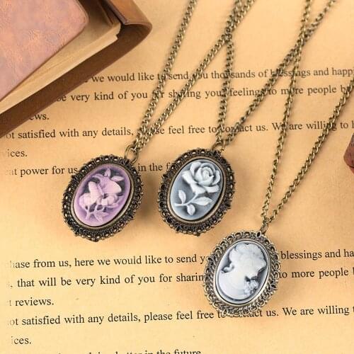 YISUYA Vintage Oval Pendant Pocket Watch Ladies Blue Rose Carving Quartz Clock Retro Women Necklace Mini Clock Watch Girl Boy
