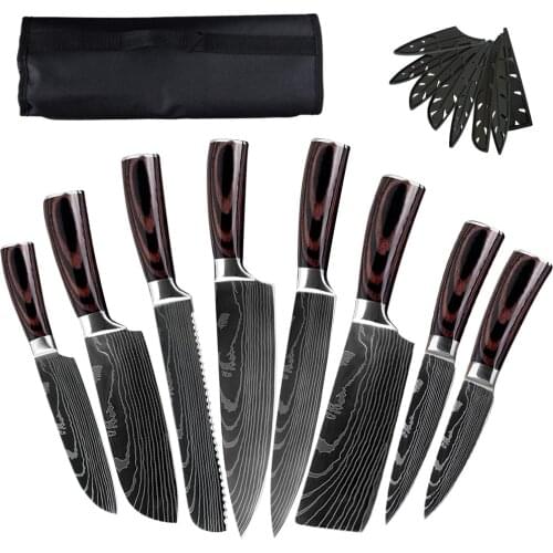 ZEMEN Roll Bag With 8 pieces Satinless Steel Knife Set Damascus Cooking Tool High Grade Kitchen Knife & Large Capacity Storage