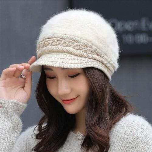 Winter New Peaked Knitted Hat Ladies Thermal Pearl Cap Windproof Solid Color Female Autumn Earmuffs Hat Beret Cap