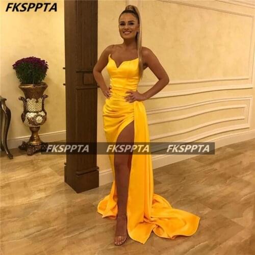 Gold Yellow Long Sexy 2021 Prom Dresses With Slit Sweetheart Corset Back Satin Women Formal Gowns For Wedding Party