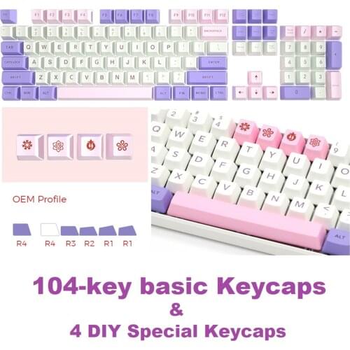 108 Key PC Mechanical Switch Keyboard Keycaps 104 Key Basic Keycaps & 4 DIY Special Keycaps Pink & Purple Anti-Slip Home