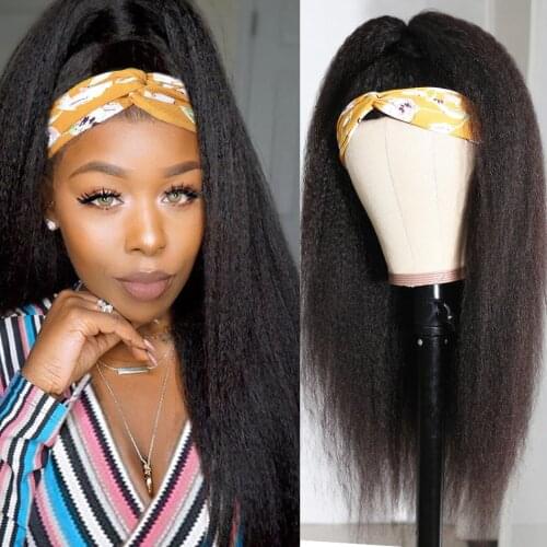 ALIBELE Yaki Kinky Straight Wigs Headband Human Hair Wig Scarf Half Wig For African Women Brazilian Corse Yaki Human Hair Wigs