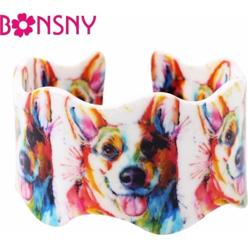 Bonsny Acrylic Colorful Wide love Corgi Dog Bangles Bracelet Animal Jewelry For Women 2017 News Spring Summer Accessories