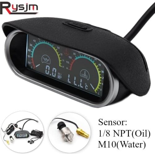 Universal 2 in 1 Car Gauges Digital Oil Pressure Gauge + Water Temperature Gauge with M10 Temp Sensor fit for 12V/24V Car Truck