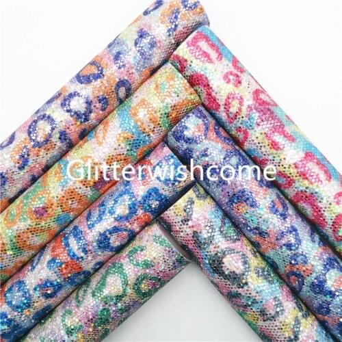 Glitterwishcome 21X29CM A4 Size Leopard Printed Glitter Fabric, Glitter Leather Sheets for Bows, GM134B