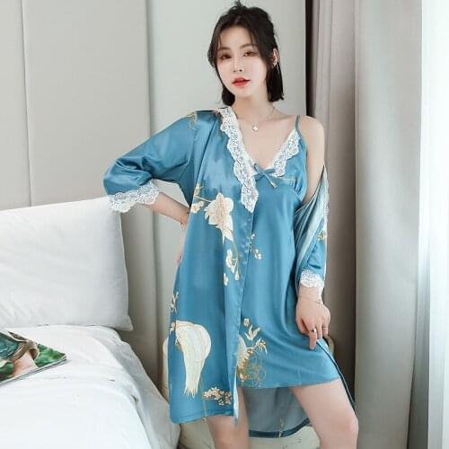 2 Pieces Floral Print Dressing Gown for Women Satin Silk Summer Night Dress Ladies Sexy Sleepwear Bathrobe Femme Home Clothing