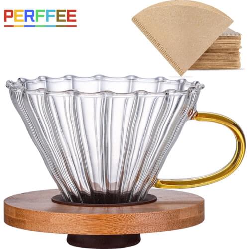 V60 Coffee Dripper Hand Drip Reusable Coffee Filter with Wooden Holder Pour Over Brewing Cup Glass Funnel V01 V02 1-4Cups