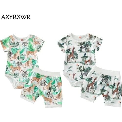 Toddler Newborn Infant Clothes Set Baby Girls Boys Short Sleeve Cartoon Animal Romper Tops+Shorts 2PCS Tracksuits Clothes Sets
