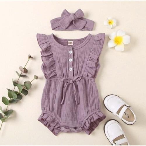 0-24M Newborn Toddler Baby Girl Summer Clothes Solid Color Jumpsuit Ruffled Bodysuit + Infant Headband Outfits baby kleding L