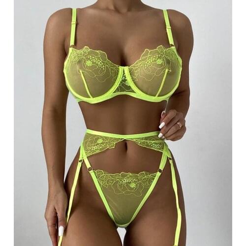 Women Sexy 3PCS Lace Floral Hollow Out Exotic Sets Femme Lingeries Bras + Panties+ Garters Womens Exotic Set for Valentines Day