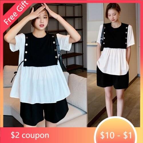 Summer Korean Fashion Patchwork Loose Maternity Shirt + Belly Shorts Sets Clothes for Pregnant Women Pregnancy Suits