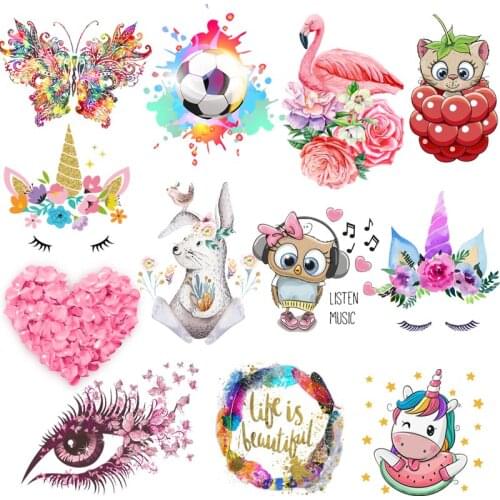 Cute Animals Unicorn Cat Heat Transfer For Clothing Iron On Butterfly Eyes Vinyl Transfers For Clothes Stickers For DIY T-shirt