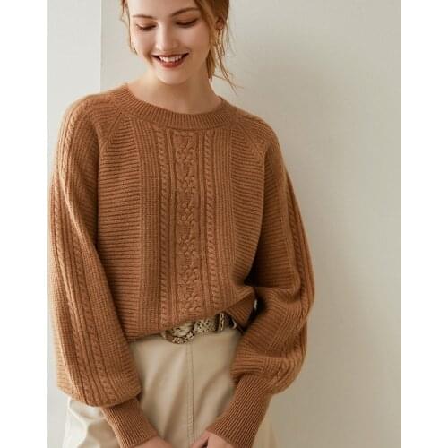 Fashion mink cashmere hairy wool sweater thick warm lantern sleeve knit wool tops female hollow cut design cashmere sweater