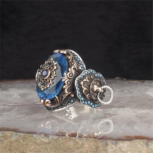 Lion With the Aqua Marine 925 Sterling 925 K Silver Men 'S Ring