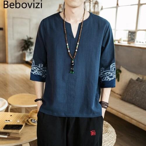 Han Fu Summer Traditional Chinese Clothing Style Orient Tang Hanfu for Men Tops New Plus Size M-5XL Blue Cotton Linen Embroidery