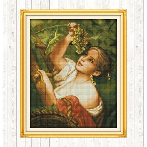 The Plucking Grapes Girl Cross Stitch Kit Printed Fabric 14ct 11ct White Cloth Needlework Embroidery Kit DIY Handmade Home Decor