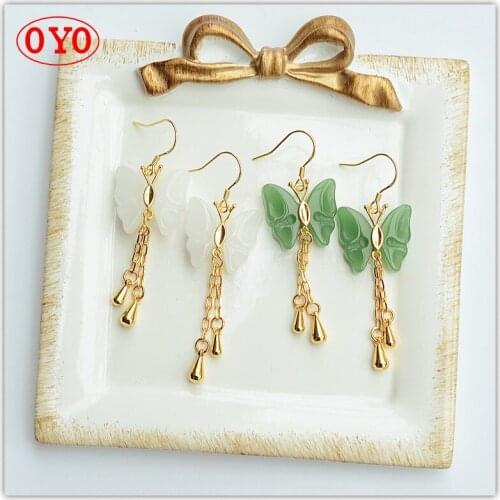 925 silver original handmade ethnic style classical natural white jade butterfly tassel silver gold-plated earrings