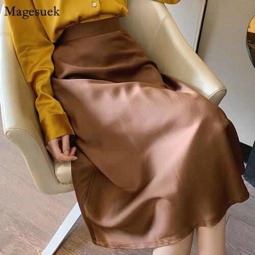 2021 Autumn High Waist Long Skirts For Women Solid Satin A-Line Woman Skirts Slim Empire Maxi Skirts For Women Femme Jupes 9940