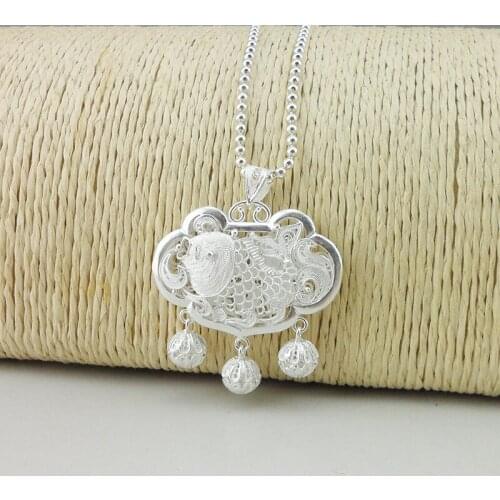 Bastiee Fish 999 Sterling Silver Pendant Lock Necklace Kids Jewelry Boy Girl Small Bells Pendants Vintage Handmade Ethnic Baby