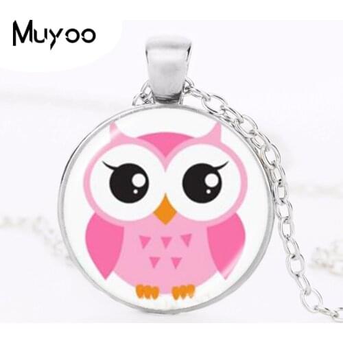 Cute Cartoon Owl Pendant Necklace Bird Jewelry Glass Cabochon Dome Animal Picture Sweater Chain Necklace Fashion Women HZ1
