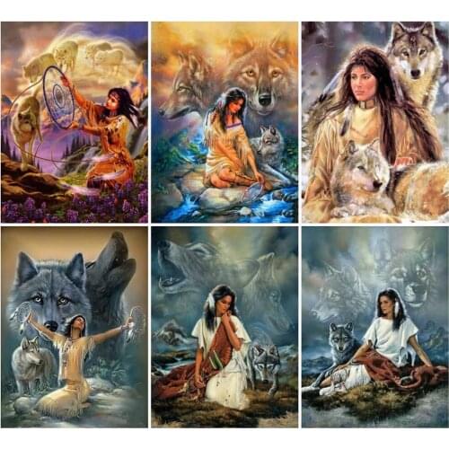 PDMDOG 5D Diy Diamond Painting Indians Cross Stitch Diamond Embroidery Animal Wolf Mosaic Bedroom Decoration