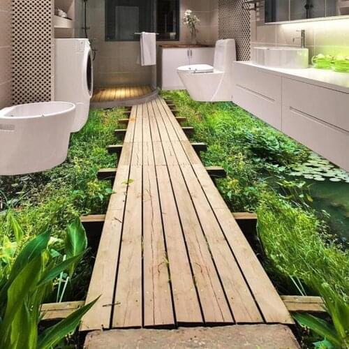 Custom Self-adhesive Floor Mural 3D Grass Pond Duckweed Plank Bridge Bathroom Bedroom 3D Floor Sticker PVC Waterproof Wallpapers