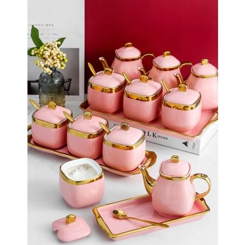 Nordic ceramic seasoning jar pink combination set spice jars with spoon salt and pepper shaker condiment dispenser canister set