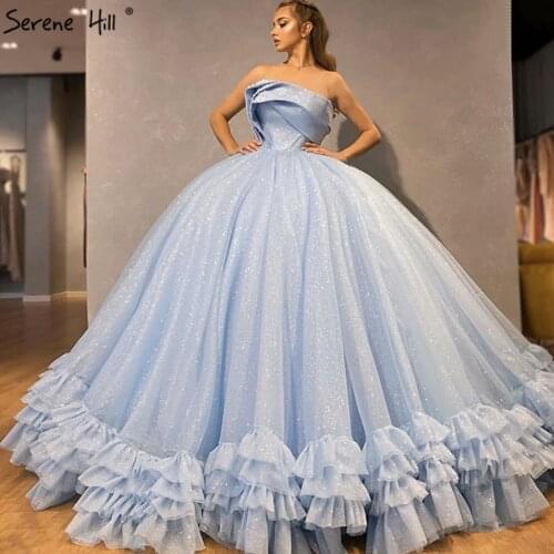 Serene Hill Blue Off Shoulder High-end Sexy Wedding Dress 2020 Sleeveless Ruched Tiered Bride Gown Custom Made CHM67091